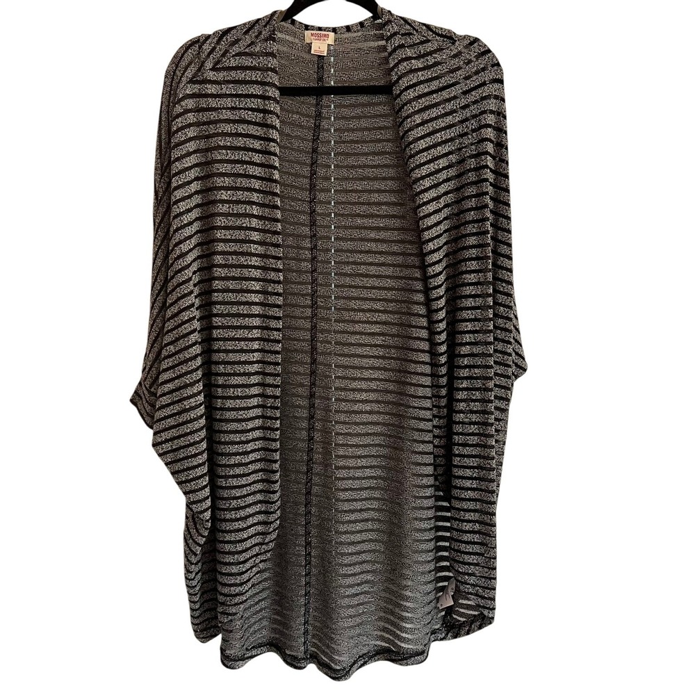 Mossimo Short Sleeve Cardigan Women's L Gray/Black Striped Bat Wing Open Front
